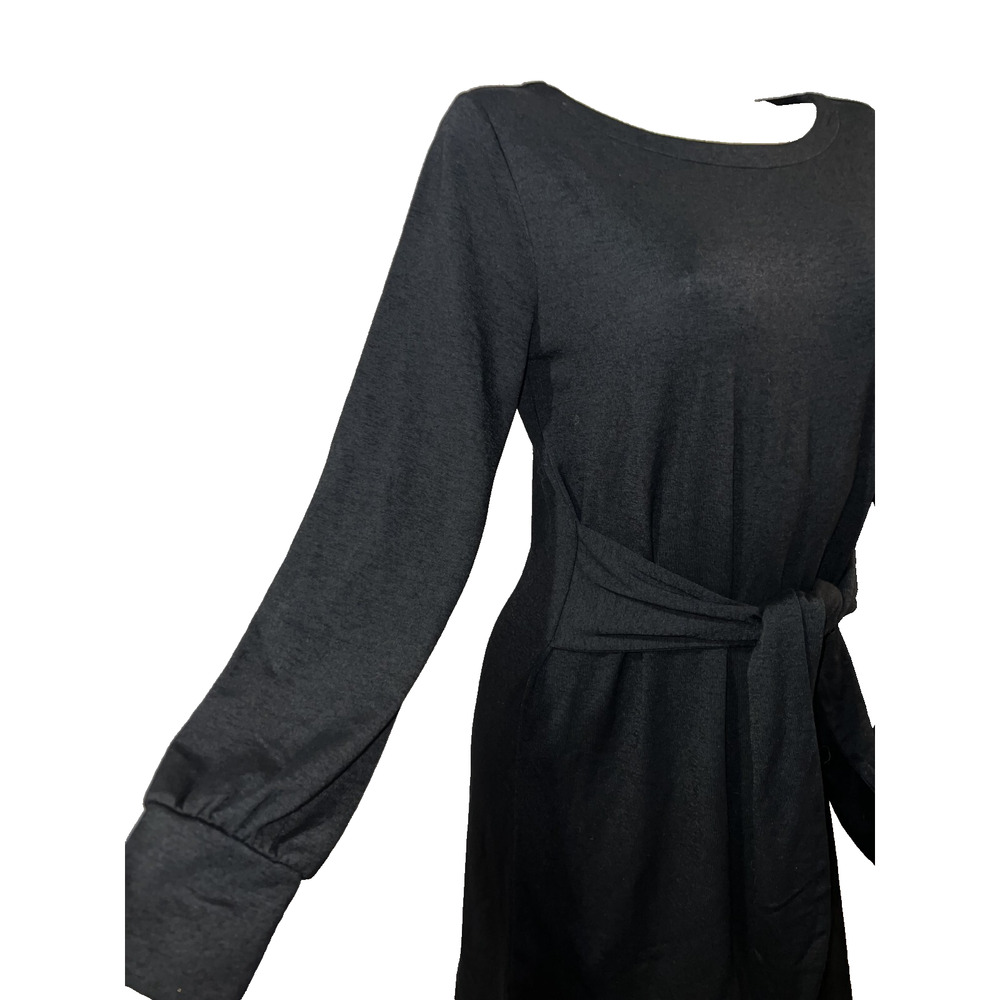 LOFT Women's Size M Solid Black Stretch Knit LS Tie Waist Dress Work Fancy - Picture 2 of 5